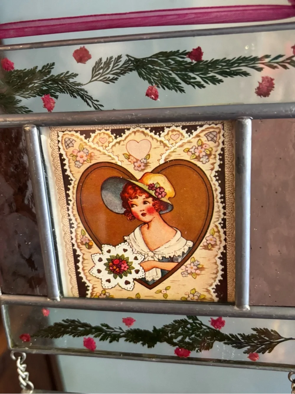 Vintage-Style Decorative Hanging stained glass Panel with Pink and Green Accents